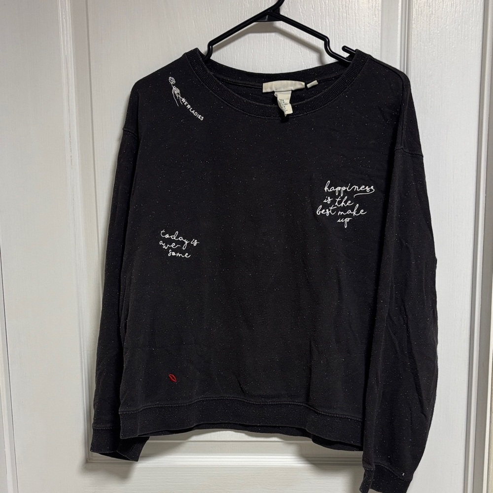 H&M Black Crewneck Sweater with Embroidered Accents